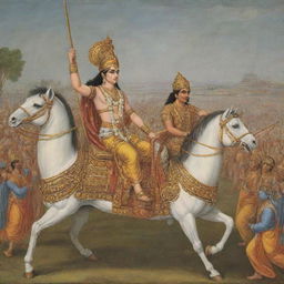 A depiction of Lord Krishna as charioteer, advising Arjun in the battlefield of Kurukshetra, as described in the Bhagavad Gita.