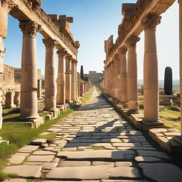 A Roman road, paved with large stone slabs, stretching through a scenic landscape