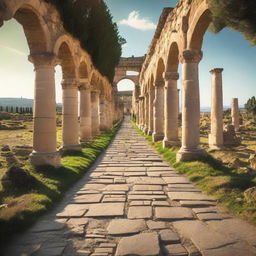 A Roman road, paved with large stone slabs, stretching through a scenic landscape