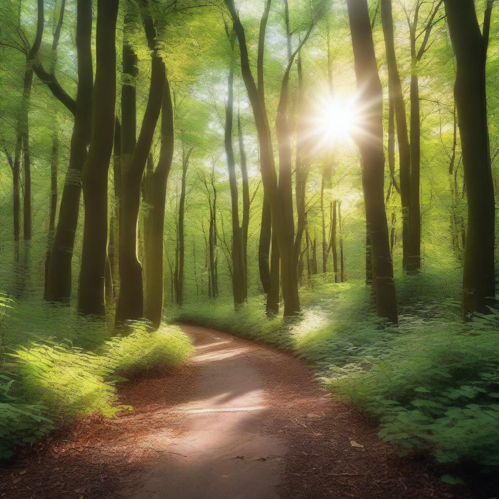 A pathway winding through a lush forest, surrounded by tall trees and dense foliage