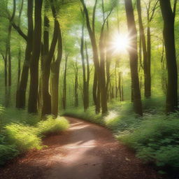 A pathway winding through a lush forest, surrounded by tall trees and dense foliage