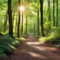 A pathway winding through a lush forest, surrounded by tall trees and dense foliage