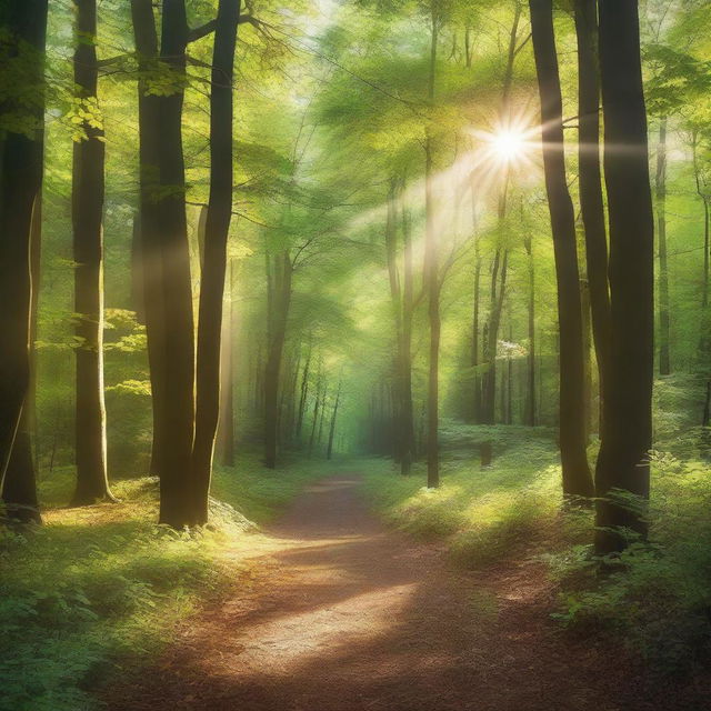 A pathway winding through a lush forest, surrounded by tall trees and dense foliage