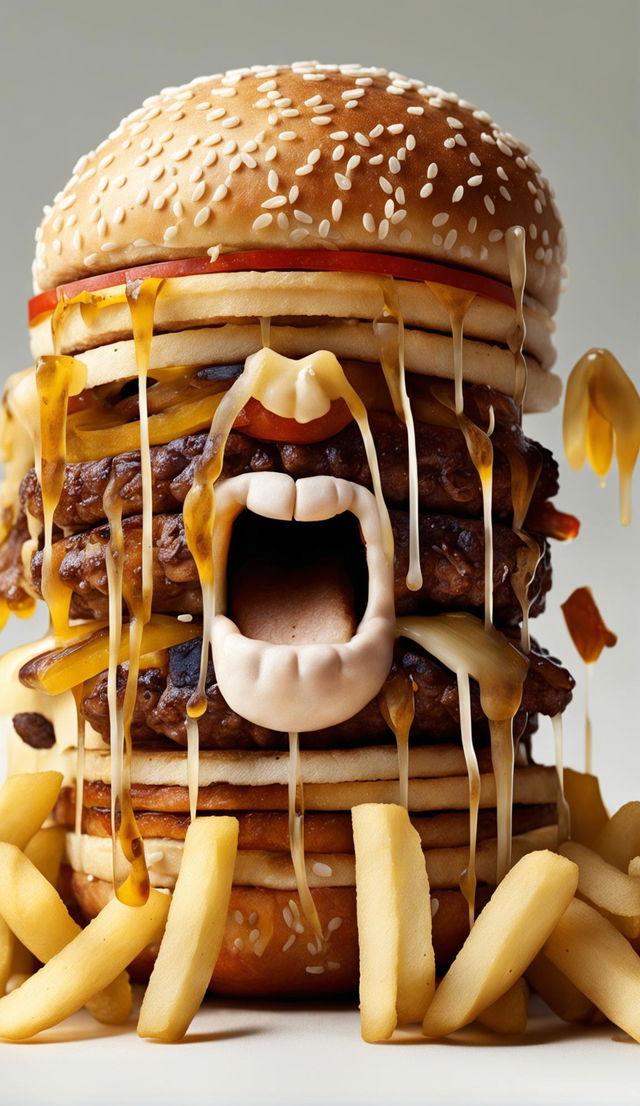 A grotesque, yet humanlike man made entirely out of McDonald's burger components in a digital art portrait.