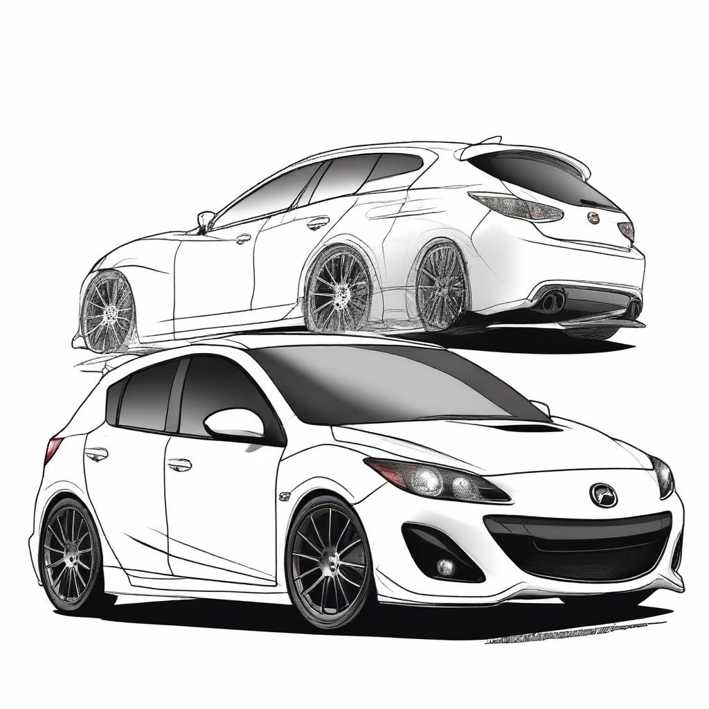 A detailed anime-style drawing of a white Gen 2 Mazdaspeed 3