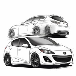 A detailed anime-style drawing of a white Gen 2 Mazdaspeed 3