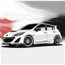 A detailed anime-style drawing of a white Gen 2 Mazdaspeed 3