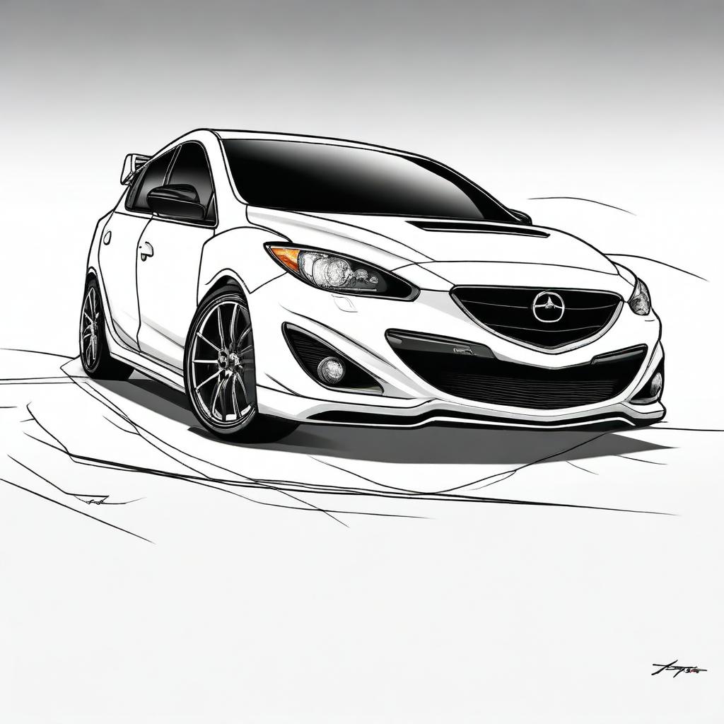 A detailed anime-style drawing of a white Gen 2 Mazdaspeed 3