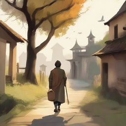 A person returning to a familiar place after a long journey, walking down a well-trodden path