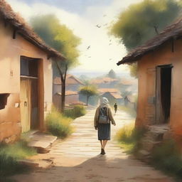 A person returning to a familiar place after a long journey, walking down a well-trodden path