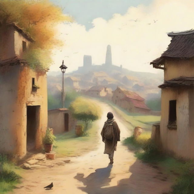 A person returning to a familiar place after a long journey, walking down a well-trodden path