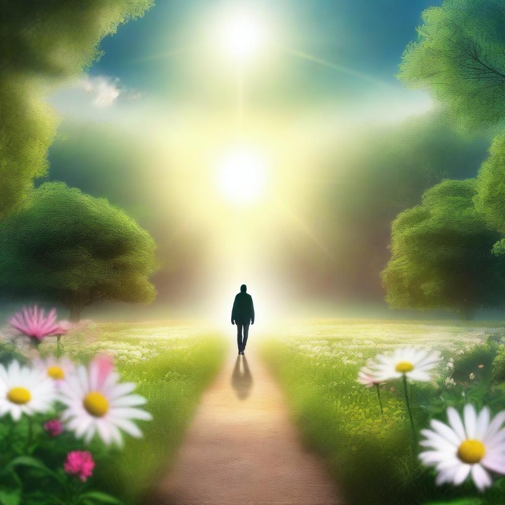 A person walking towards a radiant light in the sky, symbolizing a return to God