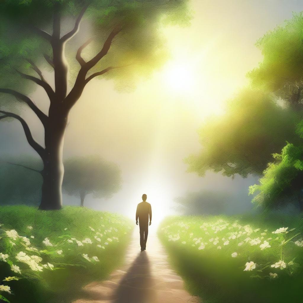 A person walking towards a radiant light in the sky, symbolizing a return to God