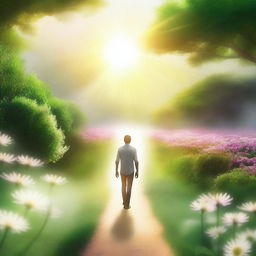 A person walking towards a radiant light in the sky, symbolizing a return to God