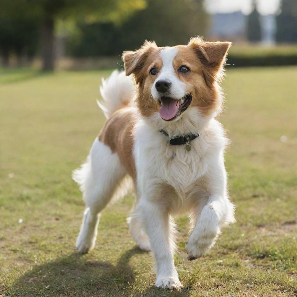 A cute, lively dog with bright eyes, a wagging tail and a shiny coat. It's outdoors, playing fetch on a sunny day.