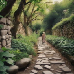 An inspiring scene of a person walking along an ancient pathway surrounded by natural beauty