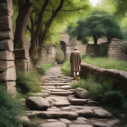 An inspiring scene of a person walking along an ancient pathway surrounded by natural beauty