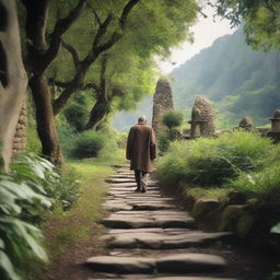 An inspiring scene of a person walking along an ancient pathway surrounded by natural beauty