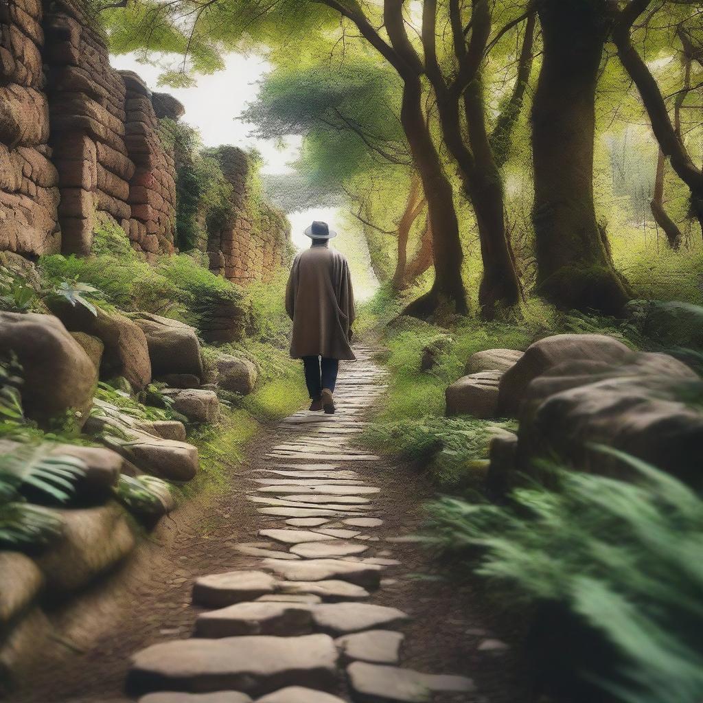 An inspiring scene of a person walking along an ancient pathway surrounded by natural beauty