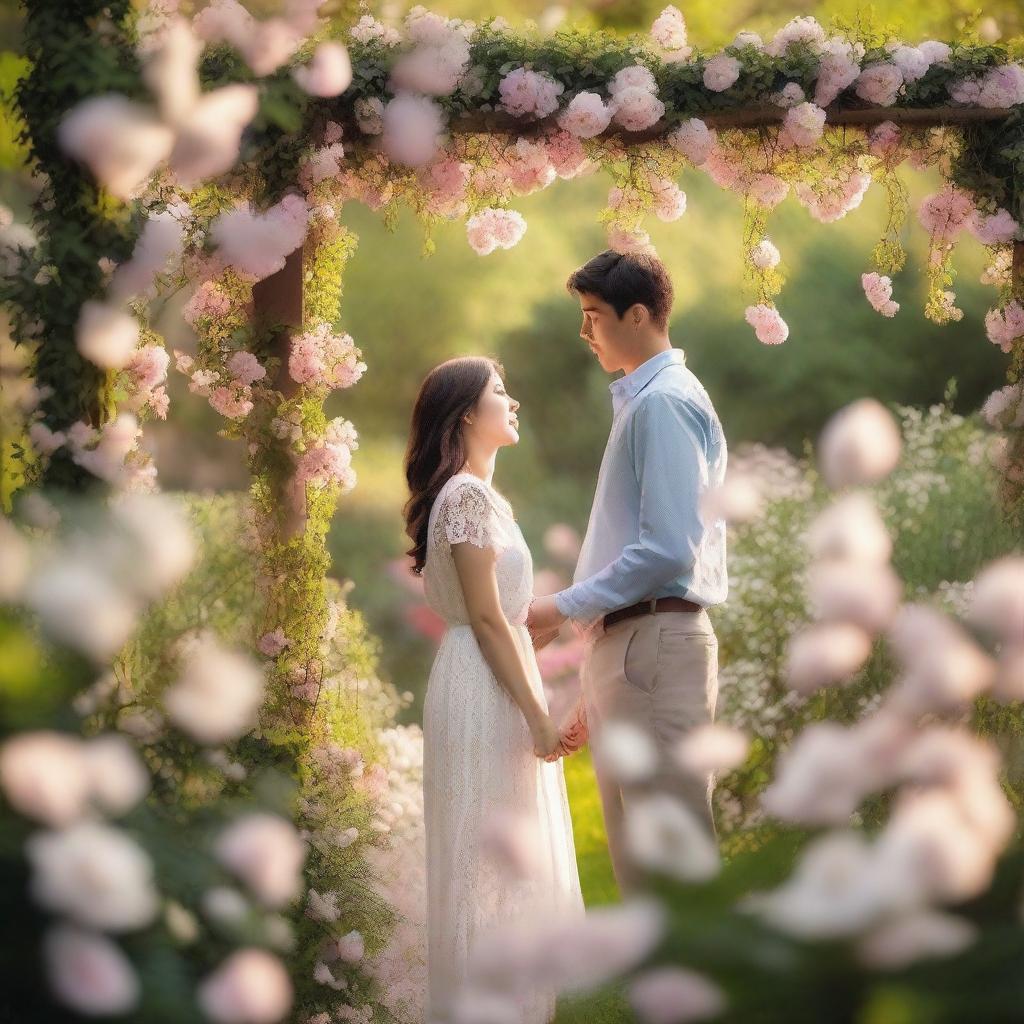 Two people standing in a beautiful garden, holding hands and looking into each other's eyes