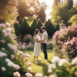 Two people standing in a beautiful garden, holding hands and looking into each other's eyes