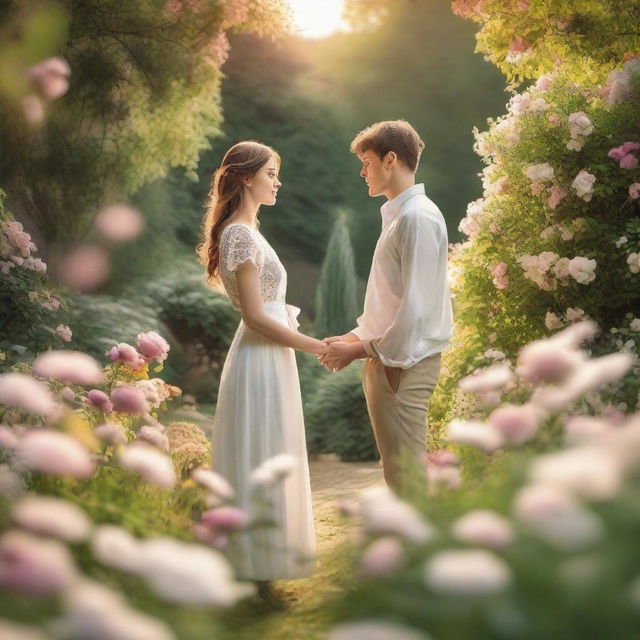 Two people standing in a beautiful garden, holding hands and looking into each other's eyes