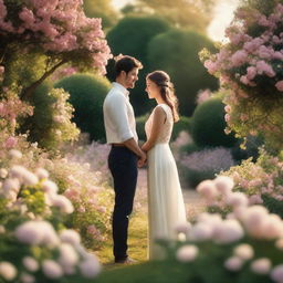 Two people standing in a beautiful garden, holding hands and looking into each other's eyes