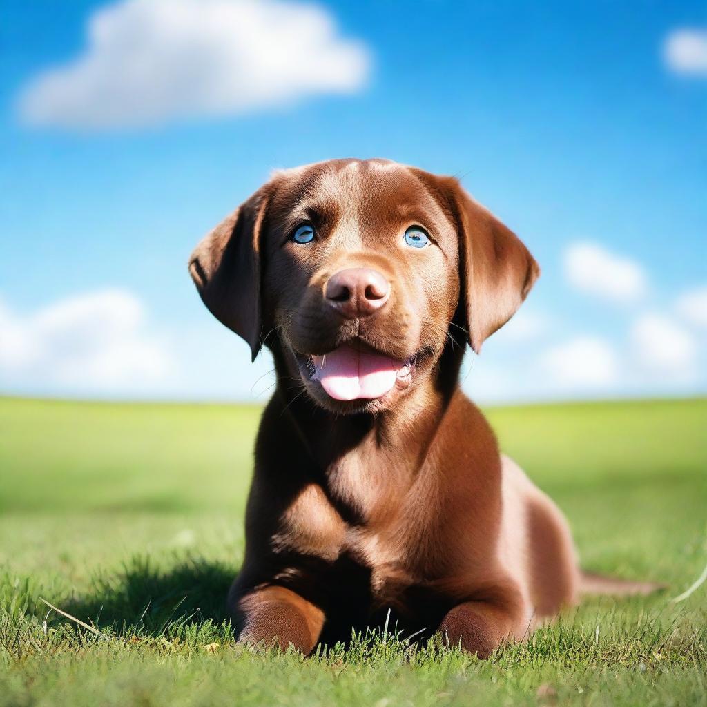 A cute chocolate Labrador puppy sitting on a grassy field with a bright blue sky in the background