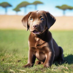 A cute chocolate Labrador puppy sitting on a grassy field with a bright blue sky in the background