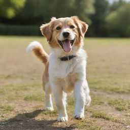 A cute, lively dog with bright eyes, a wagging tail and a shiny coat. It's outdoors, playing fetch on a sunny day.