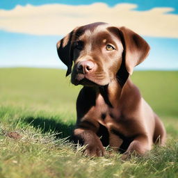 A cute chocolate Labrador puppy sitting on a grassy field with a bright blue sky in the background