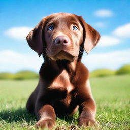 A cute chocolate Labrador puppy sitting on a grassy field with a bright blue sky in the background