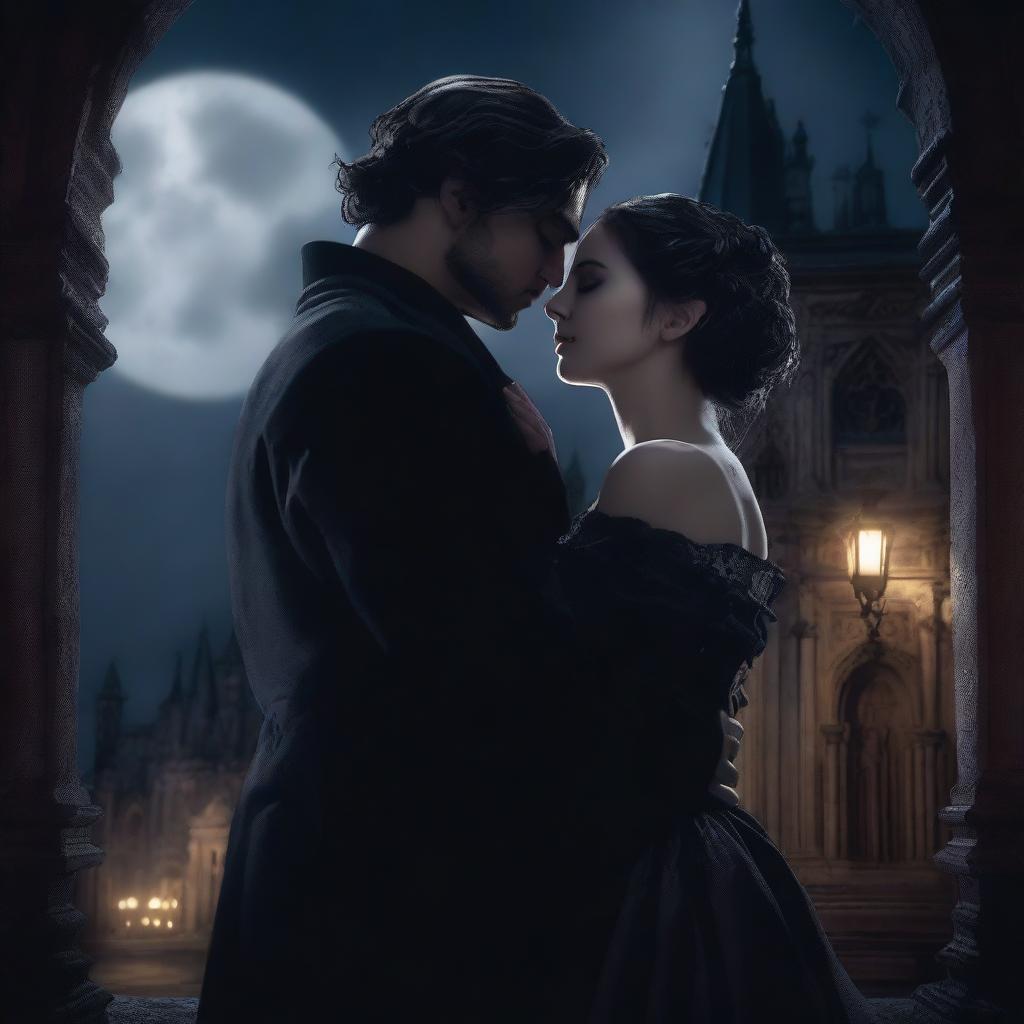 A dark romance scene featuring two characters in an intense, passionate embrace under a moonlit sky