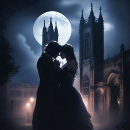 A dark romance scene featuring two characters in an intense, passionate embrace under a moonlit sky