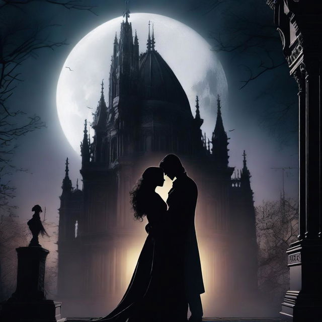 A dark romance scene featuring two characters in an intense, passionate embrace under a moonlit sky