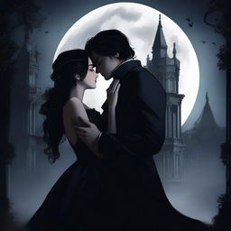 A dark romance scene featuring two characters in an intense, passionate embrace under a moonlit sky