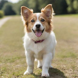 A cute, lively dog with bright eyes, a wagging tail and a shiny coat. It's outdoors, playing fetch on a sunny day.