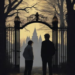 A sexy athletic young man with dark blonde hair stands heartbroken and frightened, witnessing the scene in front of the gates to a dark gothic mansion