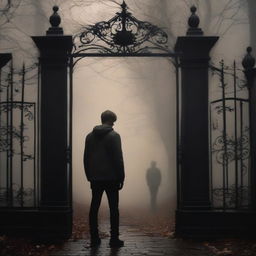 A sexy athletic young man with dark blonde hair stands heartbroken and frightened, witnessing the scene in front of the gates to a dark gothic mansion