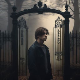 A sexy athletic young man with dark blonde hair stands heartbroken and frightened, witnessing the scene in front of the gates to a dark gothic mansion