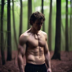 A sexy athletic young man with dark blonde hair, standing alone in the woods in the early morning