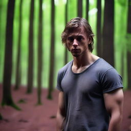 A sexy athletic young man with dark blonde hair, standing alone in the woods in the early morning