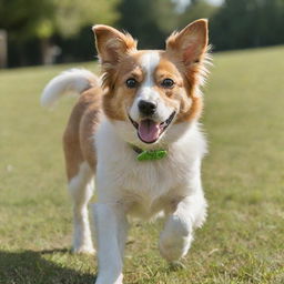 A cute, lively dog with bright eyes, a wagging tail and a shiny coat. It's outdoors, playing fetch on a sunny day.