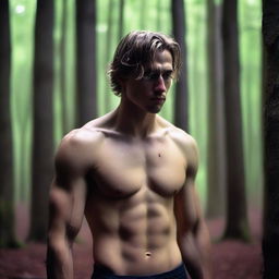 A sexy athletic young man with dark blonde hair, standing alone in the woods in the early morning