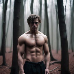 A sexy athletic young man with dark blonde hair, standing alone in the woods in the early morning