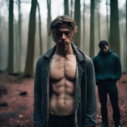 A sexy young man with dark blonde hair, heartbroken and sobbing, standing alone in the woods during early morning