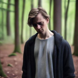 A heartbroken young man with dark blonde hair, standing alone in the woods during early morning