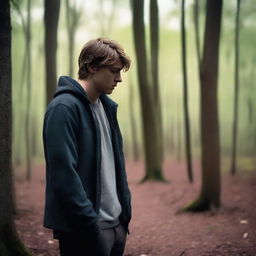 A heartbroken young man with dark blonde hair, standing alone in the woods during early morning