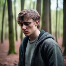 A heartbroken young man with dark blonde hair, standing alone in the woods during early morning