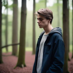 A heartbroken young man with dark blonde hair, standing alone in the woods during early morning